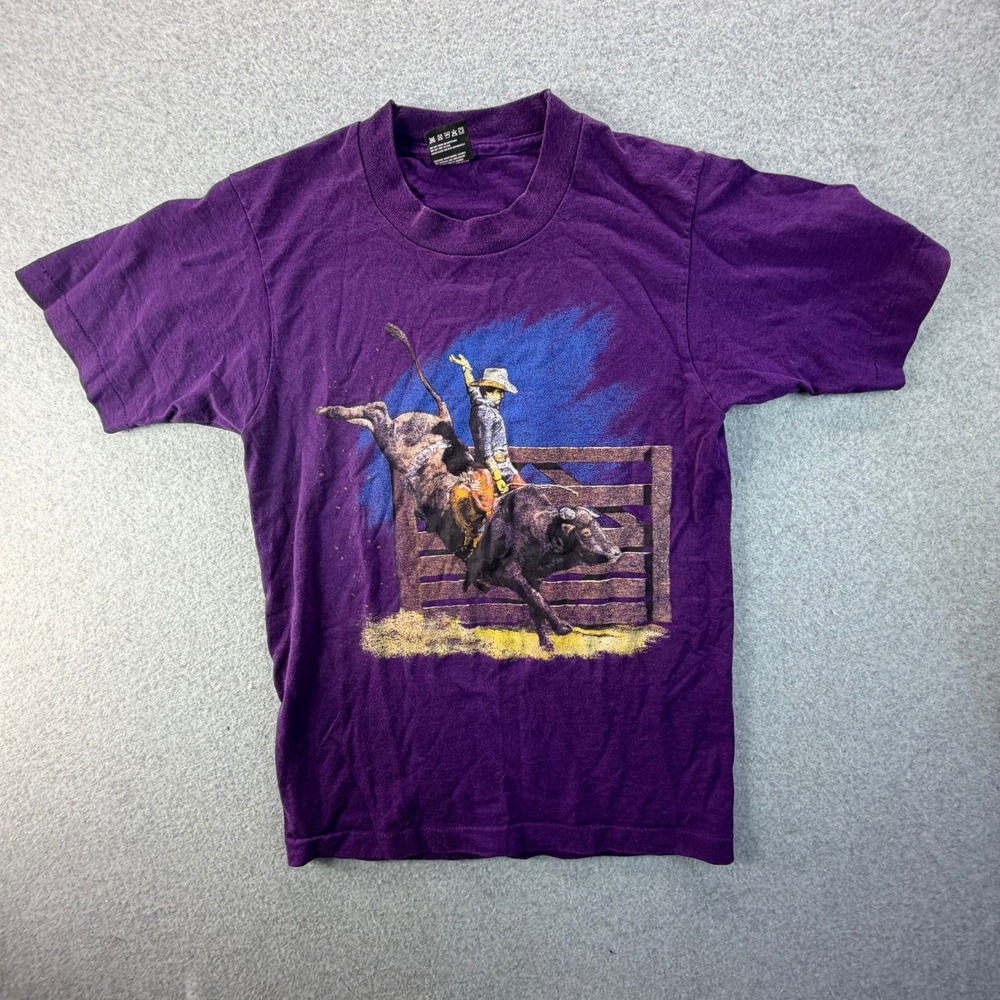 Vintage 90s Fruit of the Loom BEST Bull Riding Rodeo T-Shirt Purple Small USA